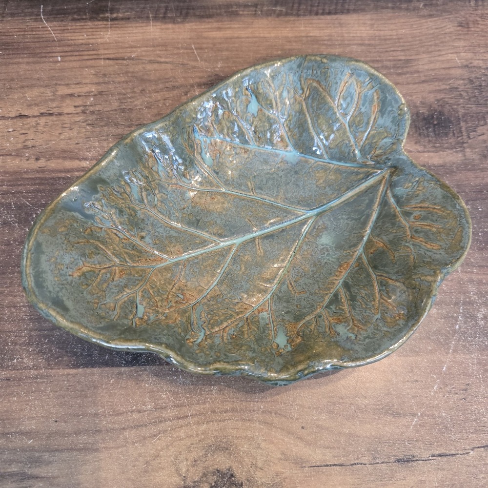 Leaf Shaped Ceramic Tray Green Brown Pottery Home Decor Trinket Tray 7.5" x 6"